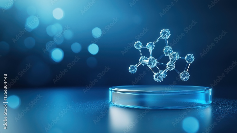 Poster abstract molecular structure floating on a reflective surface with a blue bokeh background.
