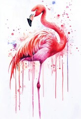 Artistic Watercolor Painting Depicting A Pink Flamingo Bird In White Space