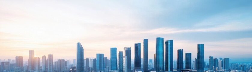 Fototapeta premium A stunning skyline featuring modern skyscrapers against a vibrant sky, showcasing urban architecture and a tranquil atmosphere at dawn.