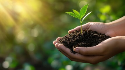 Fototapeta premium Hands nurturing a young plant in fertile soil, representing environmental care, sustainability, Earth Day, gardening, growth, and nature preservation.