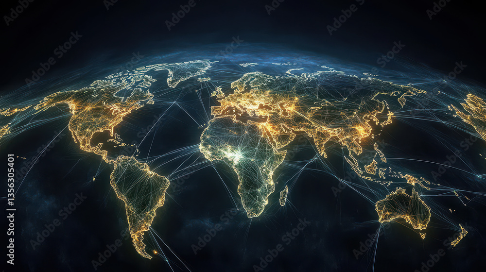 Poster a global map with glowing connections between different countries, symbolizing the interconnectednes