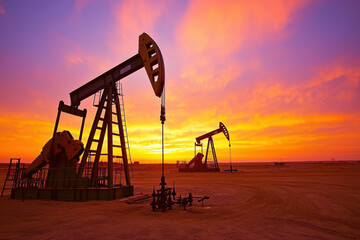 Dramatic sunset over oil pumps in a vast landscape, highlighting energy production.