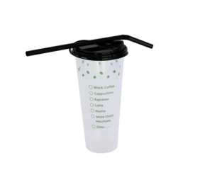 Cold beverages plastic cup in transparent with a black lid and a black straw. The cup appears to have a printed design featuring small green dots and a checklist of different coffee options