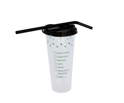 Cold beverages plastic cup in transparent with a black lid and a black straw. The cup appears to have a printed design featuring small green dots and a checklist of different coffee options