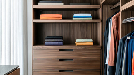 Fototapeta premium Modern closet interior with neatly organized clothes and folded towels.