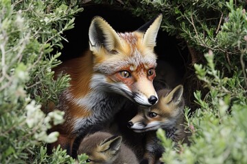 Fototapeta premium A mother fox with her two small cubs in the forest, one of which is looking up at her