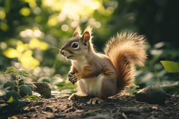 Obraz premium A squirrel sits on the ground basking in the warm sunlight