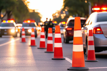Traffic cones and police cars managing road safety during an emergency situation.