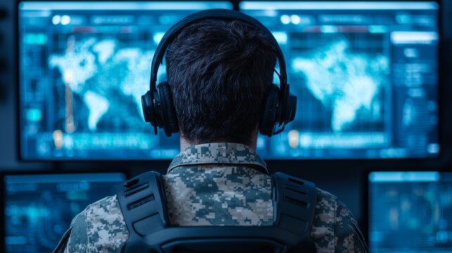 Military personnel monitoring global operations command center digital surveillance high-tech environment strategic viewpoint information warfare