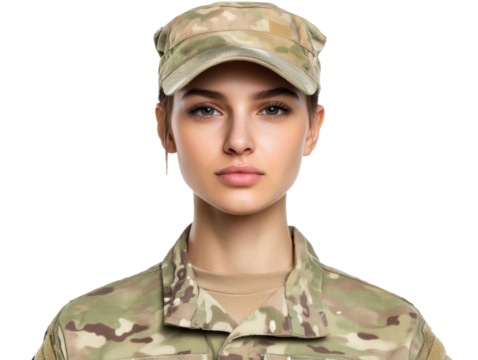 Young soldier in military uniform looking confidently at the viewer on a transparent background, cut out
