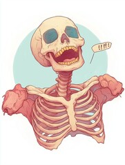 Playful pastel skull and torso laughing, watercolor hand-painted skeleton isolated on white, artistic and fun.