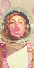 Vintage astronaut girl with bubble gum, 1960s pastel illustration, retro sci-fi aesthetic, vertical artwork.