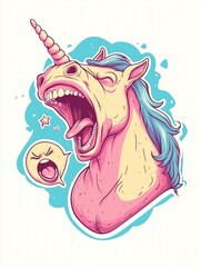 Fun digital illustration of a unicorn shouting, blue mane, pink and yellow contrast, expressive and bold fantasy character, isolated on white background