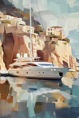 Artistic impressionist painting with bold brush strokes, depicting a boat near a coastal cliffside village, in a muted color palette.