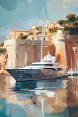 Acrylic and oil painting with expressive palette knife strokes, boat anchored near a coastal cliff town in a soft muted palette.