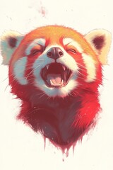 Red panda illustration with an open mouth on a white background, pastel colors, hand-drawn, one yelling and one laughing