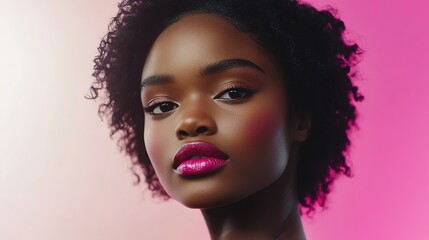 Striking portrait of a model with vibrant pink lips, capturing bold elegance and modern allure.