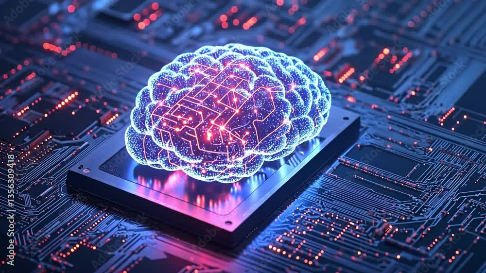 Poster brain-chip integration: a luminous brain composed of circuitry sits atop a computer chip, symbolizin