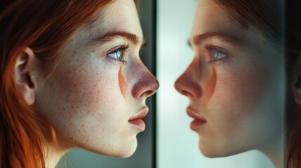 Fototapeta premium Redhead Woman Reflecting Self Portrait Face Closeup