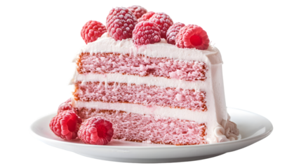 Slice of pink layer cake with white frosting and fresh raspberries on a plate with transparent background