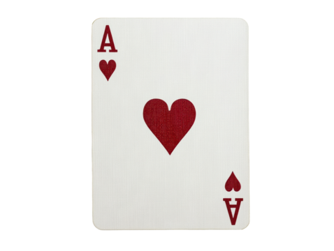 Playing card featuring ace of hearts in a simple design on a transparent background, cut out