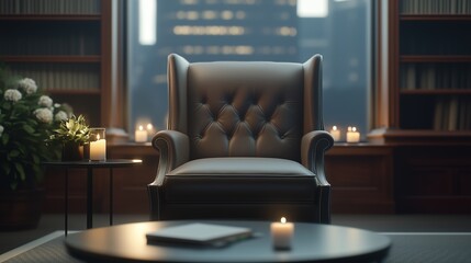 Obraz premium Leather armchair in moody library with candles and city lights. luxury interior inspiration