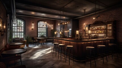 Luxurious Industrial-Style Bar Interior with Brick Walls and Dark Wood Accents
