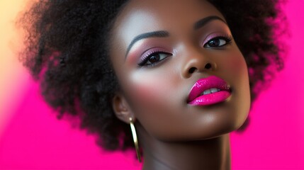 Striking portrait of a model with vibrant pink lips, capturing bold elegance and modern allure.