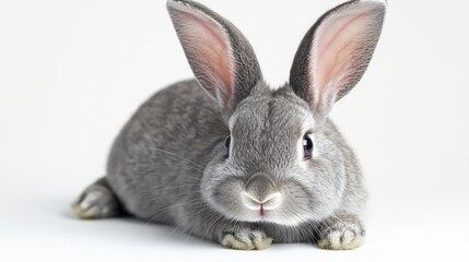 Fototapeta premium Gray rabbit resting indoors, Easter celebration, cute pet, adorable animal, fluffy fur, family-friendly, spring holiday, natural light photography, joyful moments.