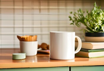 Blank white mug mockup with blur background