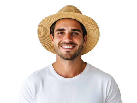 Happy man wearing straw hat and white shirt on a transparent background, cut out