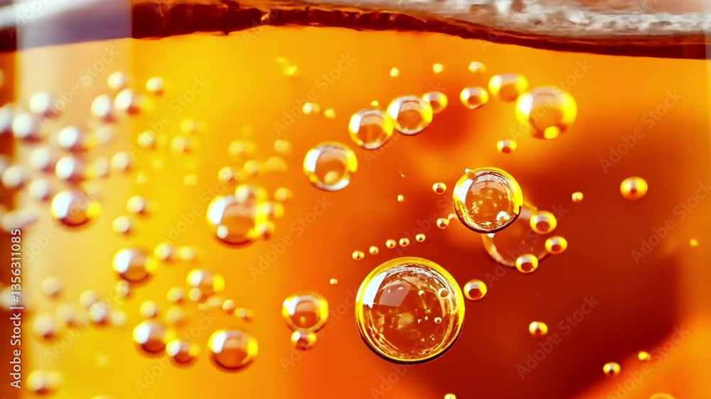 Poster sparkling amber nectar: an alluring macro shot of effervescent bubbles rising through a refreshing, 