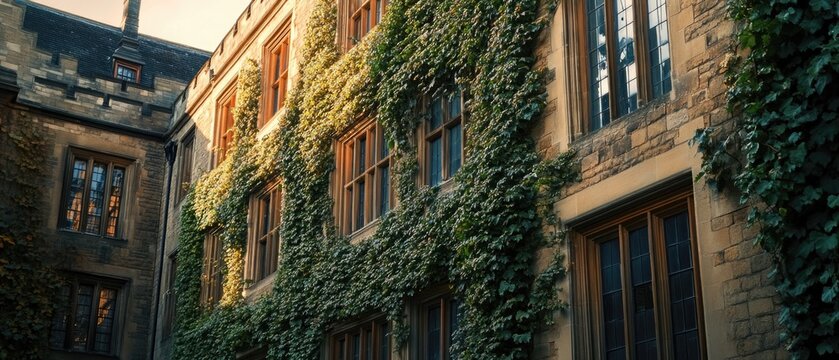 A historic building with lush green ivy covering its walls, situated next to a clock tower - Powered by Adobe