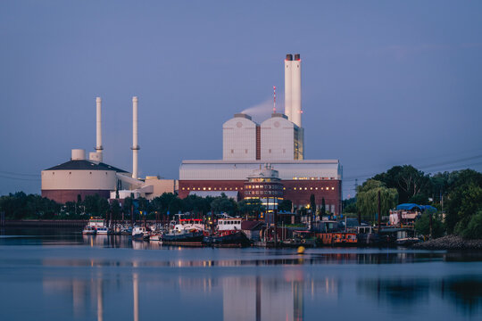 Power station Tiefstack in Hamburg, Germany during the evening with reflections on the water