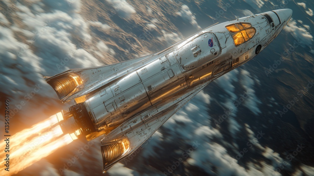 Poster A futuristic spaceplane ignites its engines, producing a powerful thrust as it ascends through the clouds, showcasing advancements in aerospace propulsion technology and hypersonic flight.