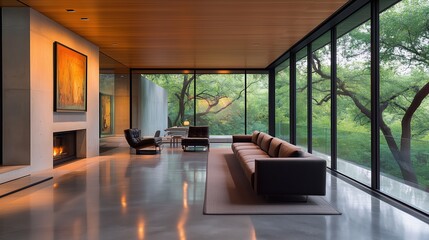 Modern living room with large glass walls and forest view. nature inspired interior