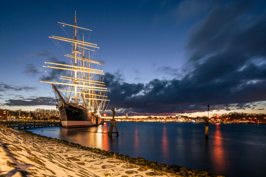 The Four-masted barque Passat at night in L�beck, Travem�nde, Germany during winter.
