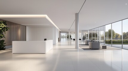 Fototapeta premium White corporate lobby with reception desk and glass walls. office branding