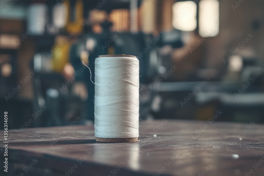 Poster a single spool of thread resting on a table, ready for use