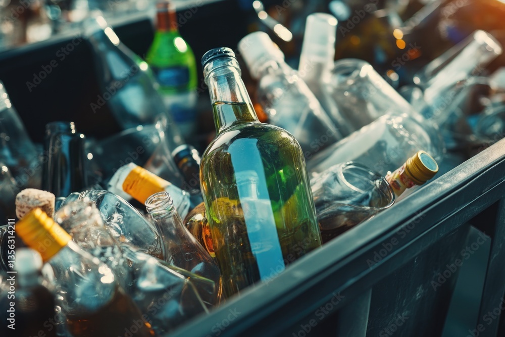 Poster a close-up view of variously sized glass bottles and containers filled with liquids, stacked in a me