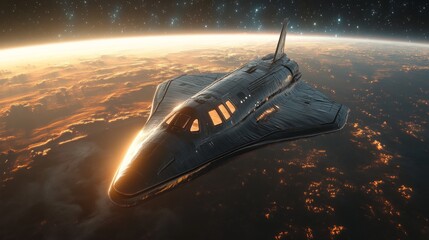 A sleek spaceplane glides through the upper atmosphere, with the Earth glowing below. The craft utilizes revolutionary propulsion methods, aiming for hypersonic speed and flight innovation.