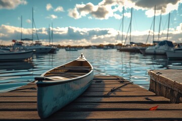 Fototapeta premium A canoe rests on a dock, ready for use