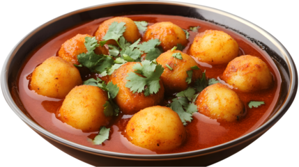 Round potatoes in a spiced gravy garnished with cilantro in a bowl, on a transparent background