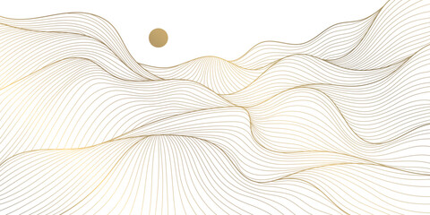Vector line abstract wave landscape, desert, japanese style illustration. Mountain gold boho background. Sand, sea oriental art. © marylia17