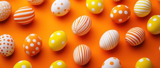 Colorful Easter eggs on vibrant orange background, festive spring celebration, decoration, family traditions, holiday activities, joyful moments, Easter crafts.