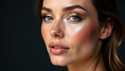 Metallic eyeshadow, bold brows, flushed cheeks, nude lips, minimalist, metallic