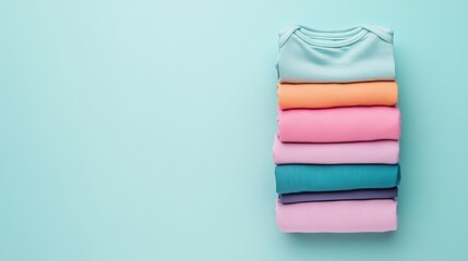 Neatly folded baby clothes in pastel colors on a plain bright backdrop pic