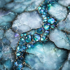 granite with shimmering aquamarine gems and opal cracks