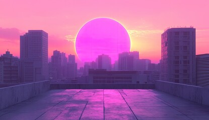 A futuristic cityscape rooftop at sunset, featuring a large, vibrant pink sun.  Urban, architectural, and aesthetic