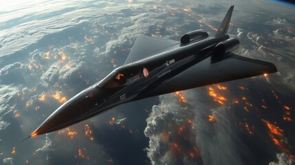 A state of the art spaceplane in hypersonic flight above Earth, showcases advanced propulsion and airlaunch capabilities against a backdrop of stunning clouds and glowing landscapes below.